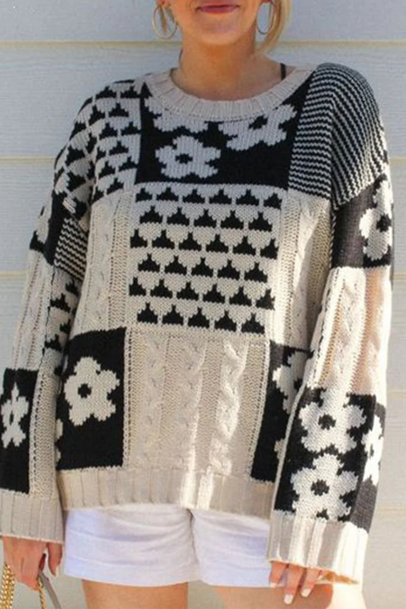 Heike | Casual O-neck sweaters with contrast color block floral pattern