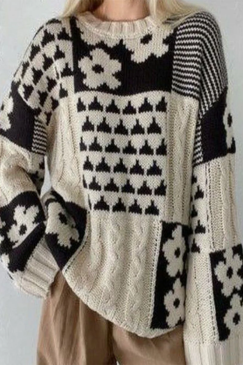 Heike | Casual O-neck sweaters with contrast color block floral pattern - Image 2