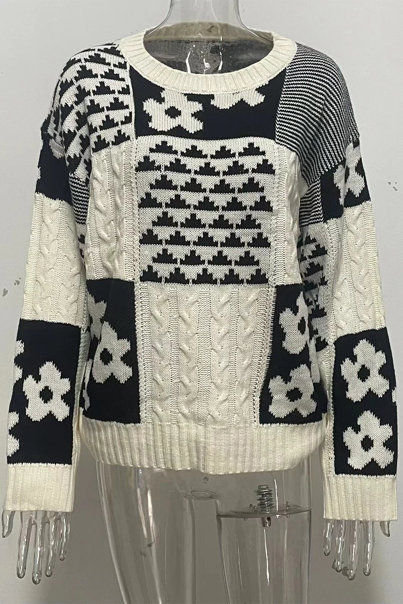 Heike | Casual O-neck sweaters with contrast color block floral pattern - Image 6