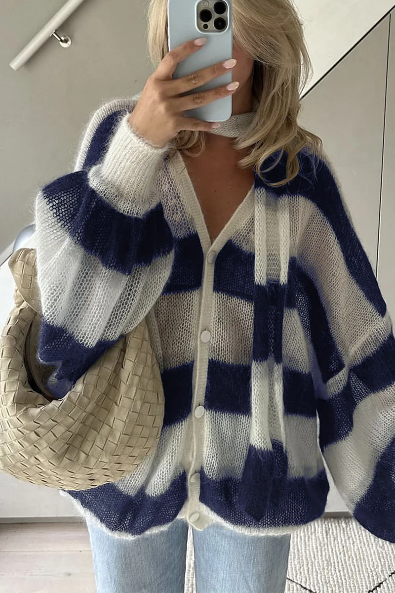 Heleen | Casual cardigans with stripes and buttons and contrast V-neck