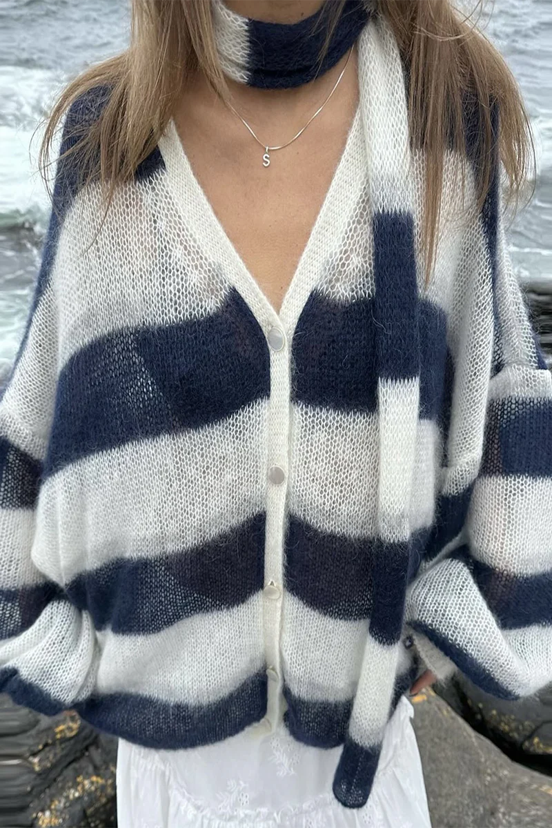 Heleen | Casual cardigans with stripes and buttons and contrast V-neck - Image 10