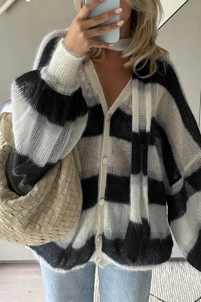 Heleen | Casual cardigans with stripes and buttons and contrast V-neck - Image 3