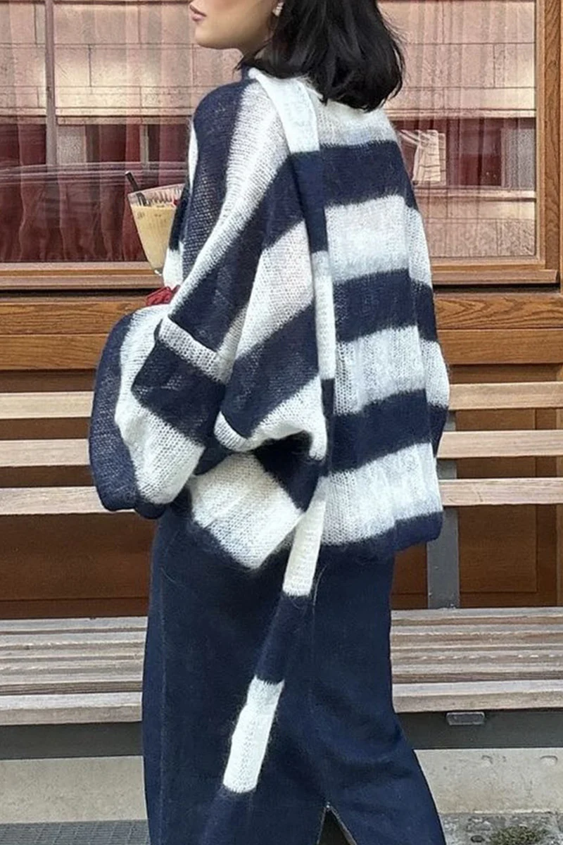 Heleen | Casual cardigans with stripes and buttons and contrast V-neck - Image 8