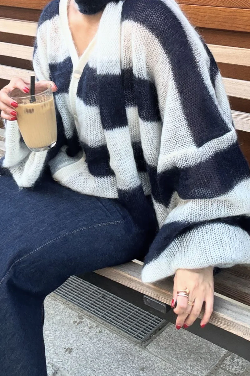 Heleen | Casual cardigans with stripes and buttons and contrast V-neck - Image 9
