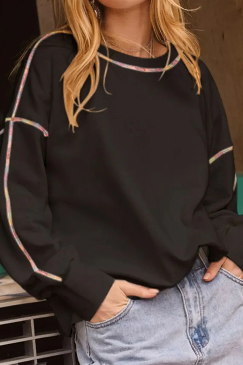 Helena | Long sleeve crew neck sweatshirt with rainbow trim - Image 7