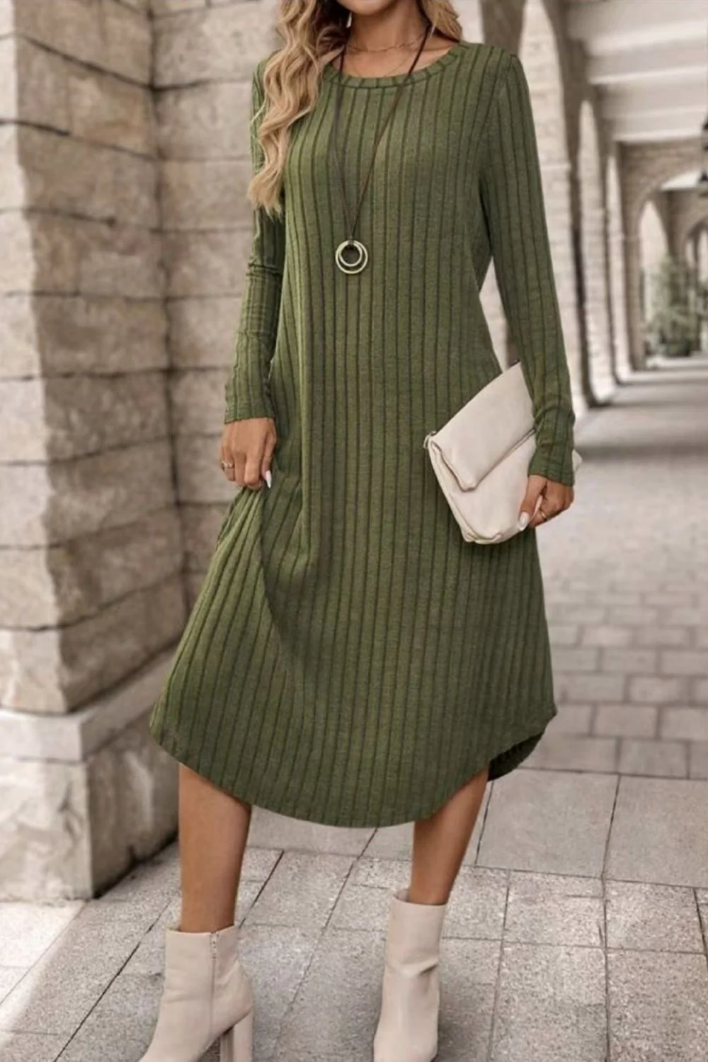 Helena | Long sleeve dress with a ribbed, curved hem and crew neck - Image 2