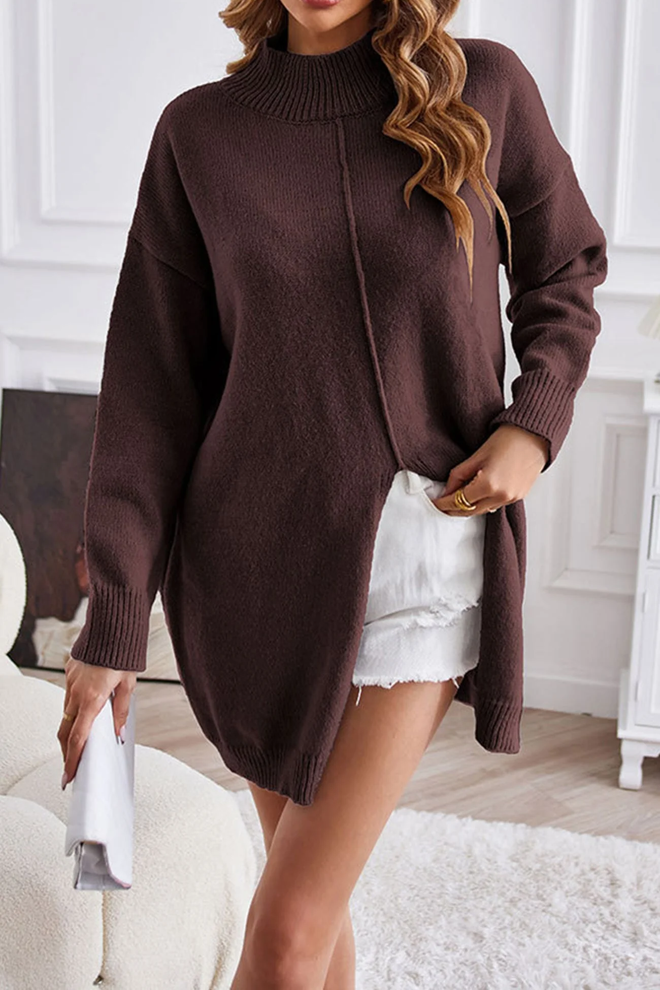 Helga | Turtleneck sweater, front slit, mid-length sweater - Image 8