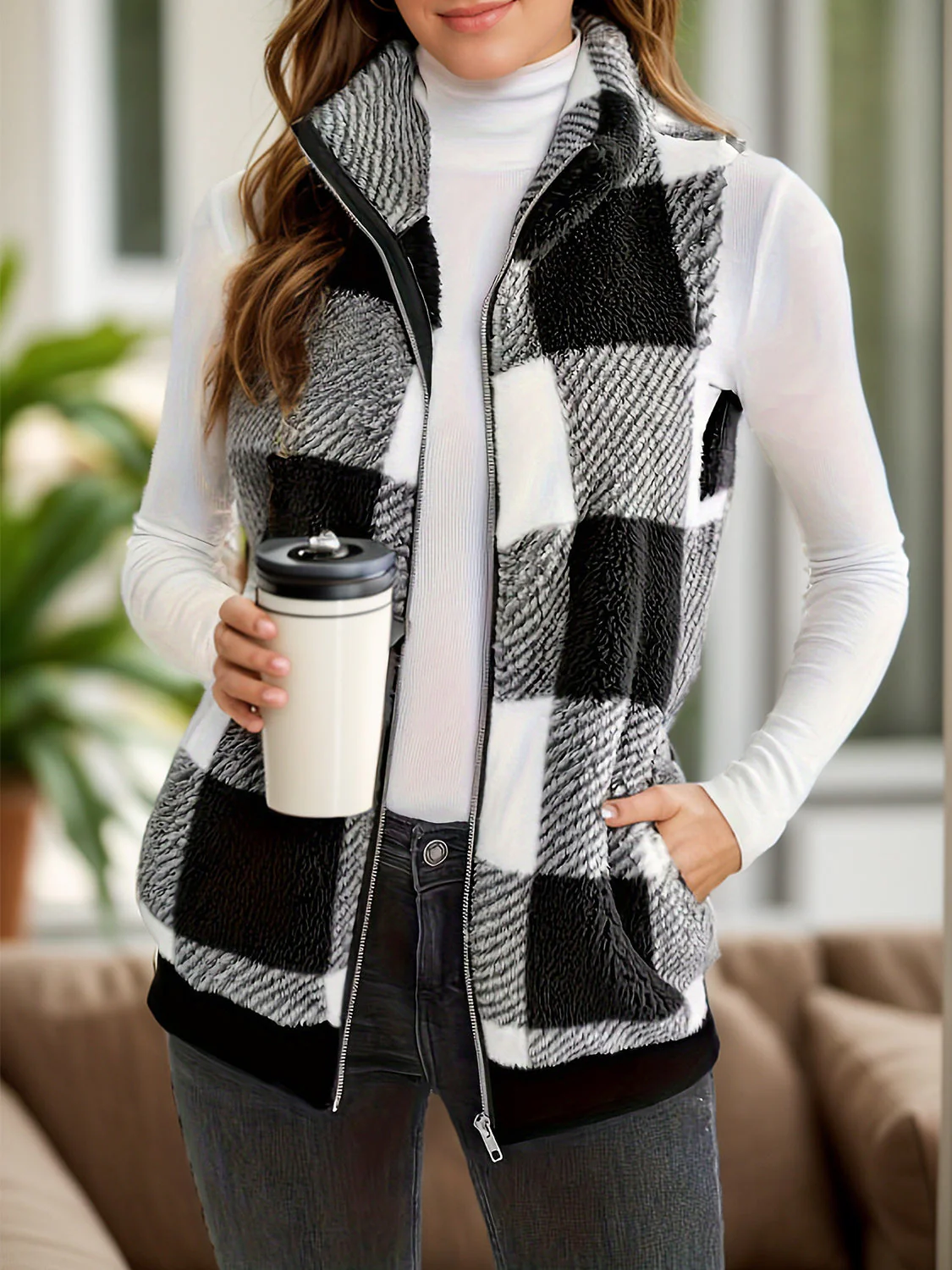 Hermione | Checked vest coat with pockets and zip - Image 2