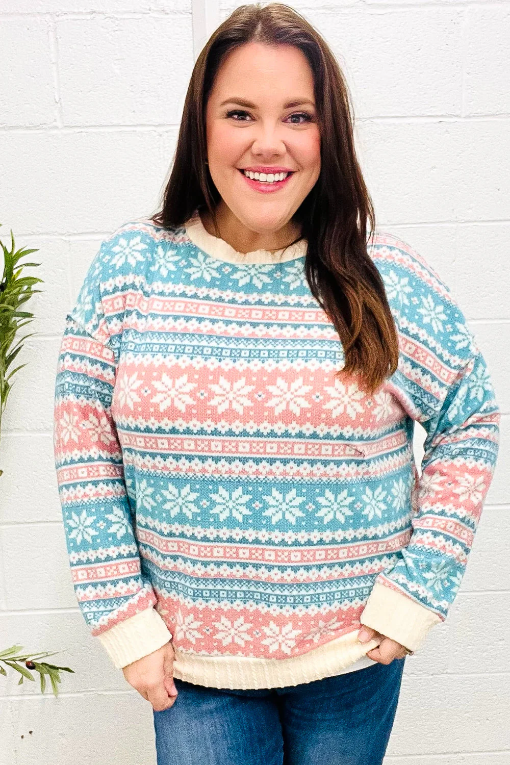 Hilda | Snow white Hacci cable knit sweater with Nordic Fair Isle print - Image 2