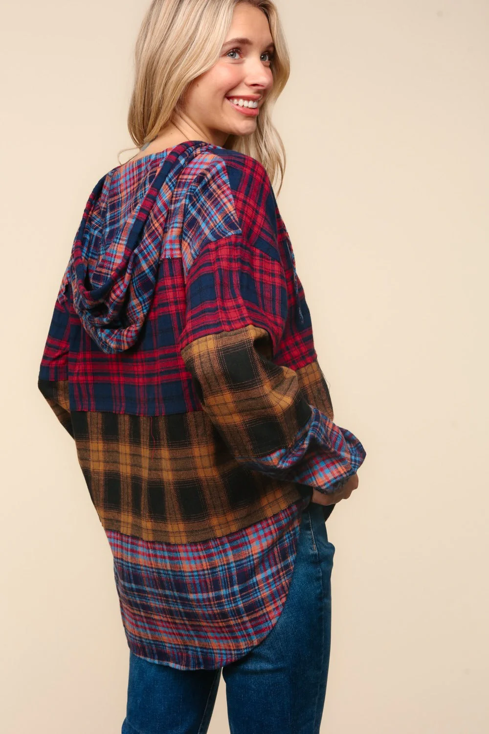 Hildegard | Haptics hooded top with checked trim and cut detail - Image 2