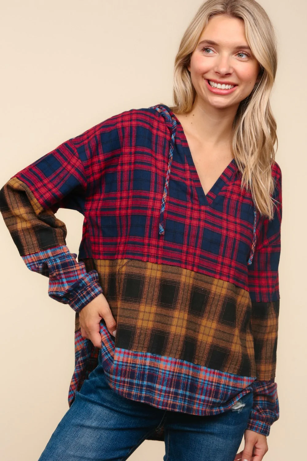 Hildegard | Haptics hooded top with checked trim and cut detail - Image 3