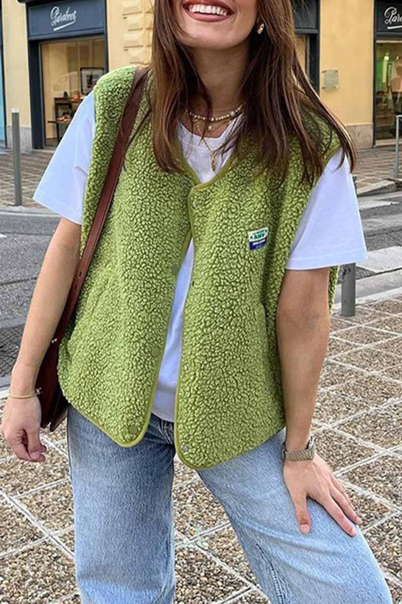 Holly | Casual street pocket buttons, fluffy O-neck vests - Image 2