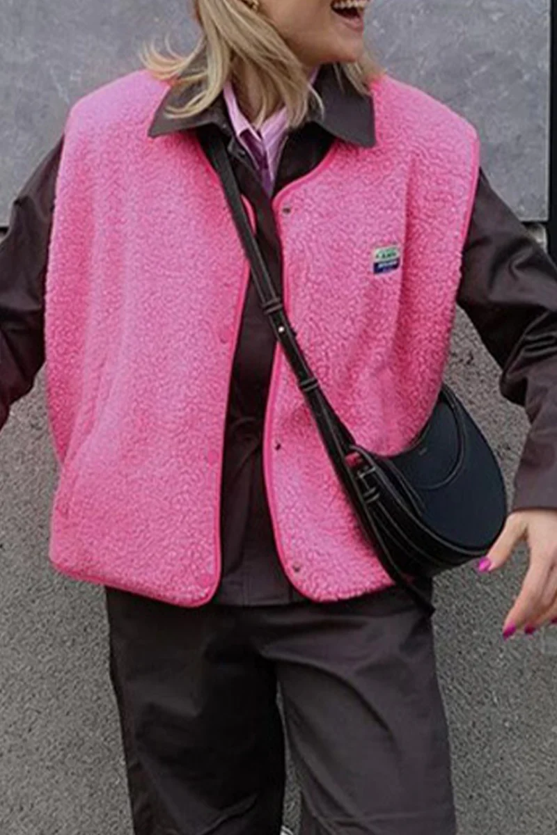 Holly | Casual street pocket buttons, fluffy O-neck vests - Image 5
