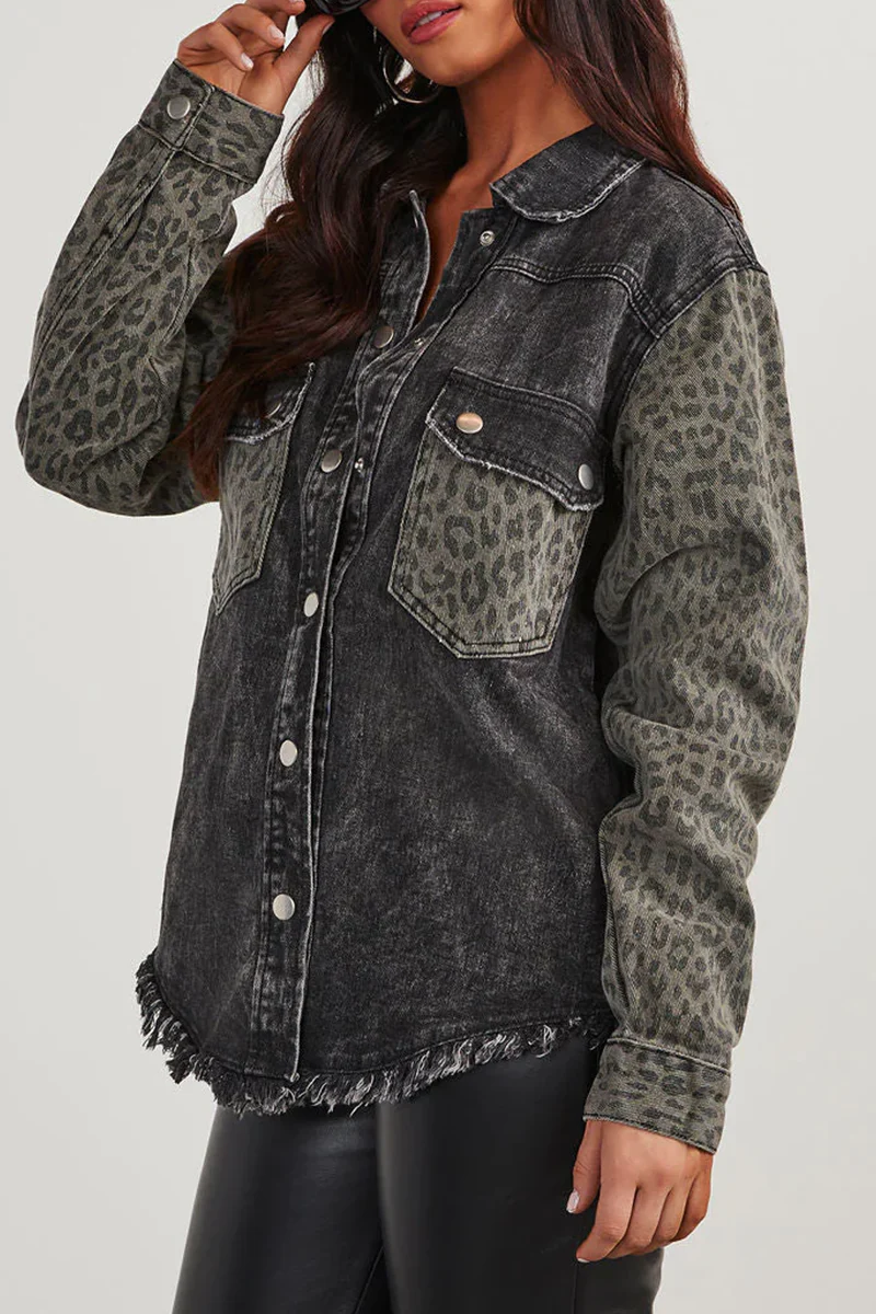 Ida | Casual Street Leopard Distressed Buttons Patchwork Turndown Collar Outerwear - Image 4