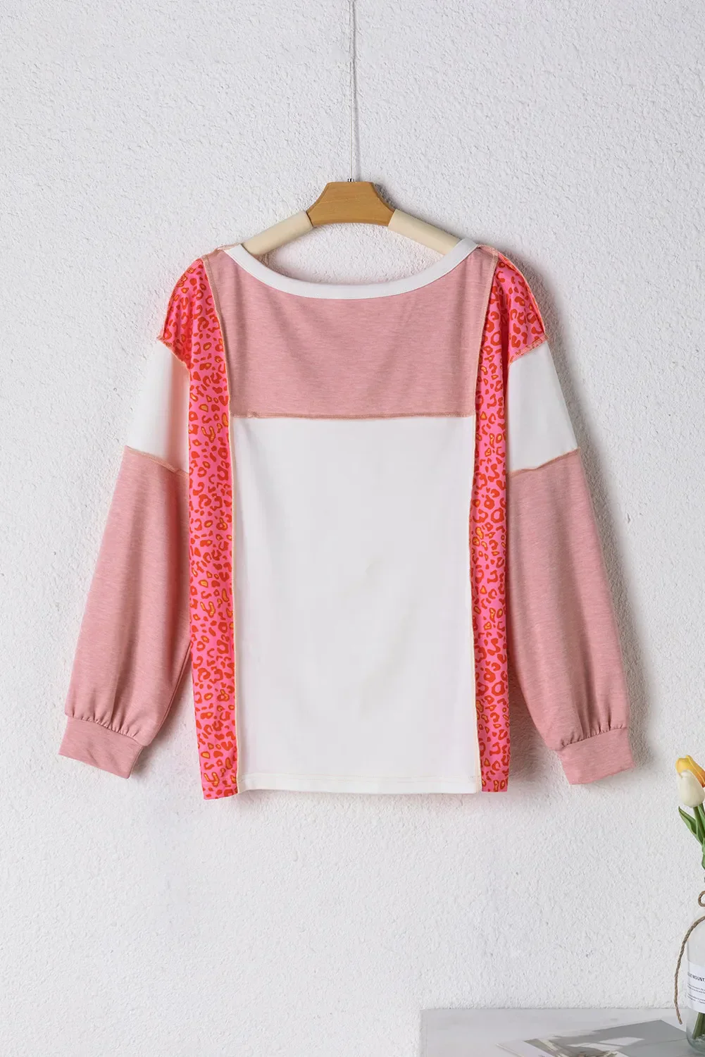 Ida | Exposed seam color block leopard print crew neck top - Image 3