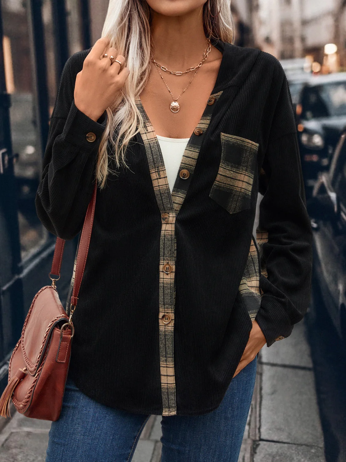 Ilona | Checked hooded jacket with button placket and pockets - Image 5