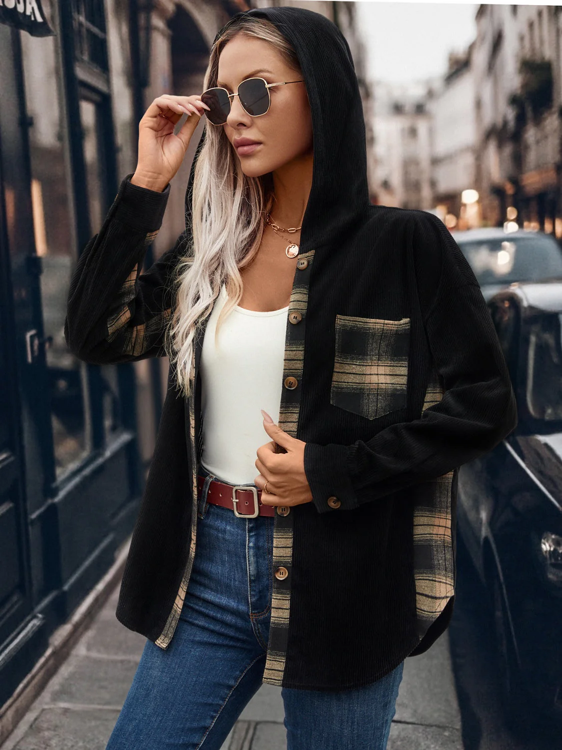 Ilona | Checked hooded jacket with button placket and pockets - Image 6