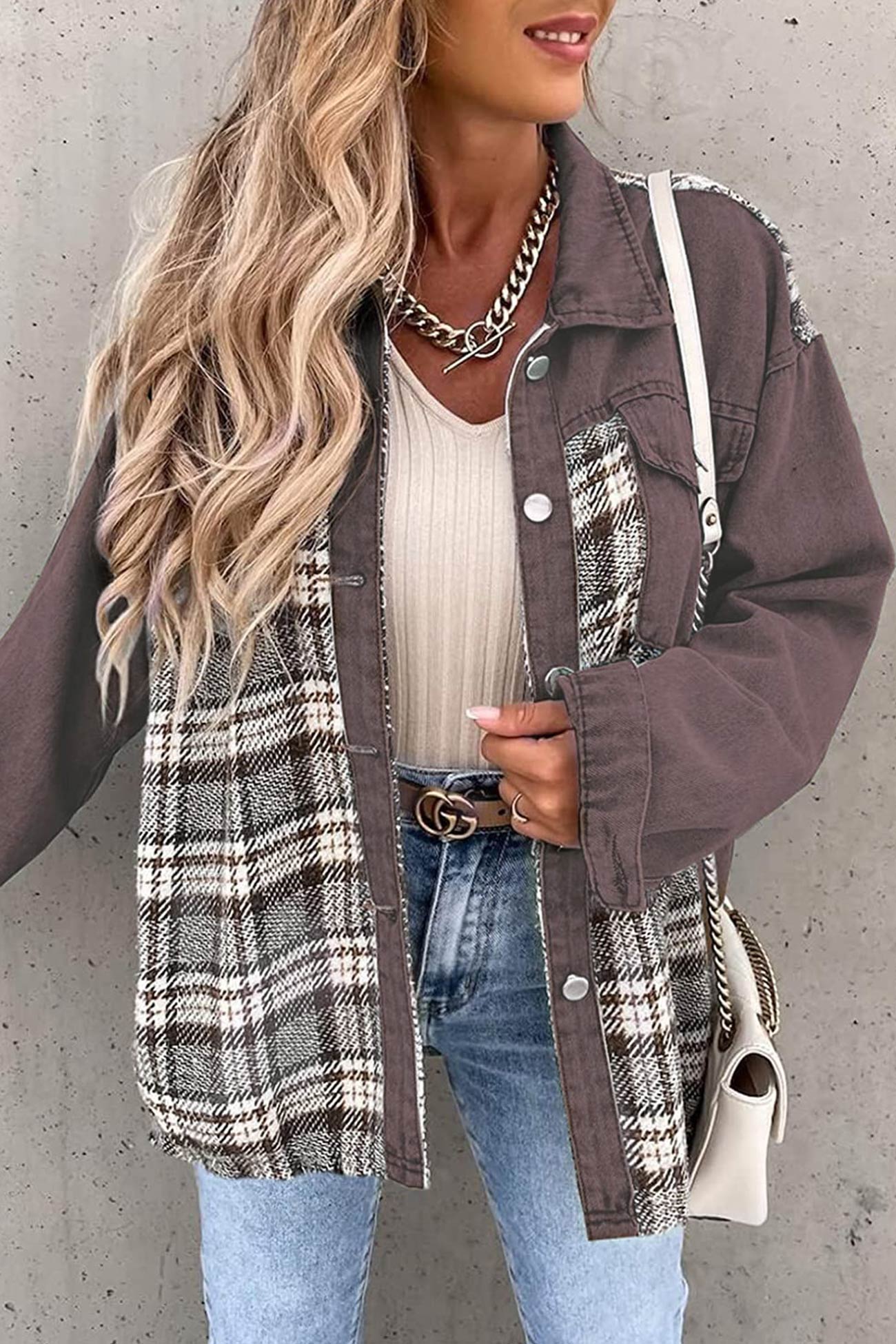 Ilona | Checked patchwork denim jacket - Image 13
