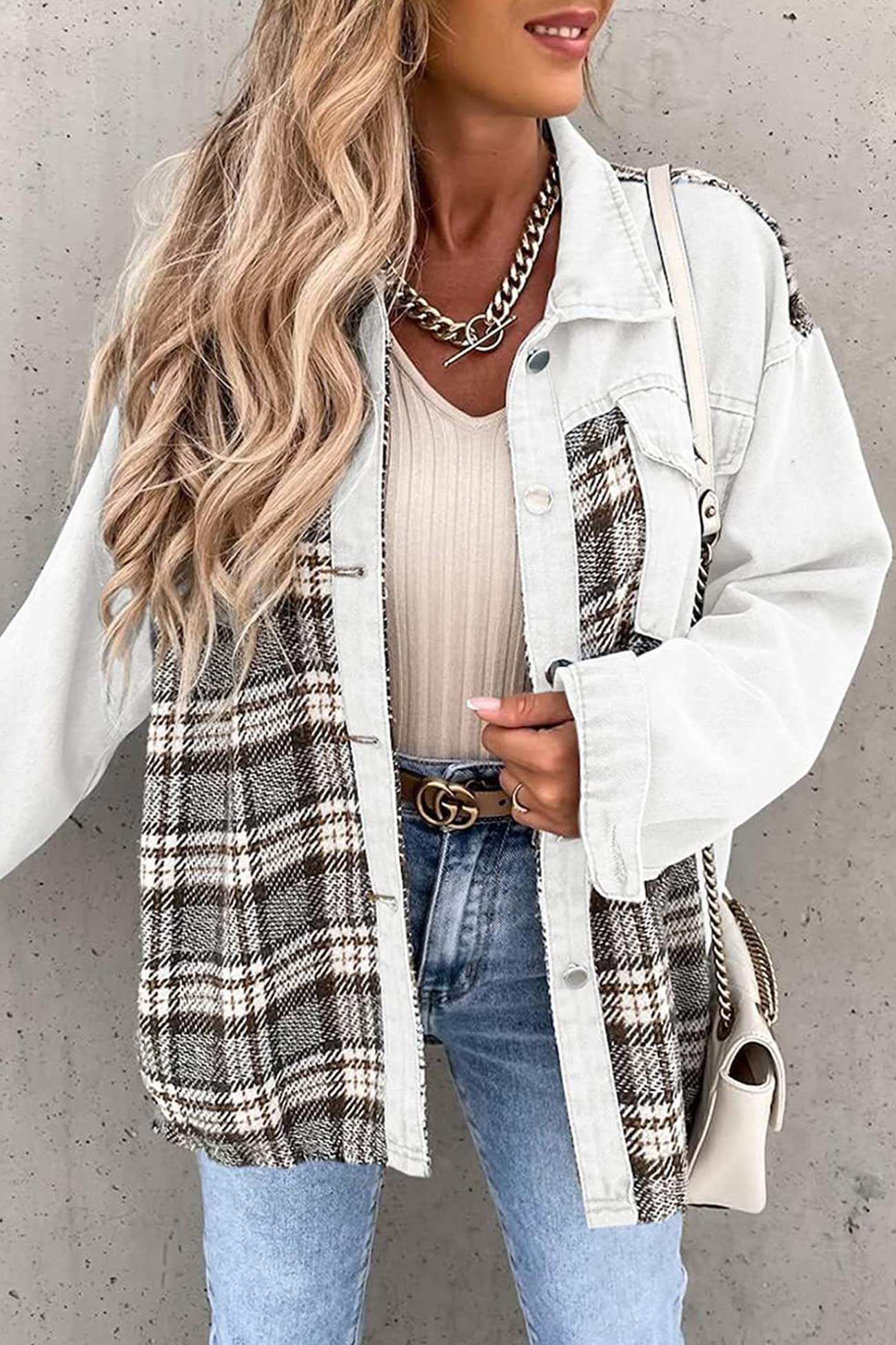 Ilona | Checked patchwork denim jacket - Image 15