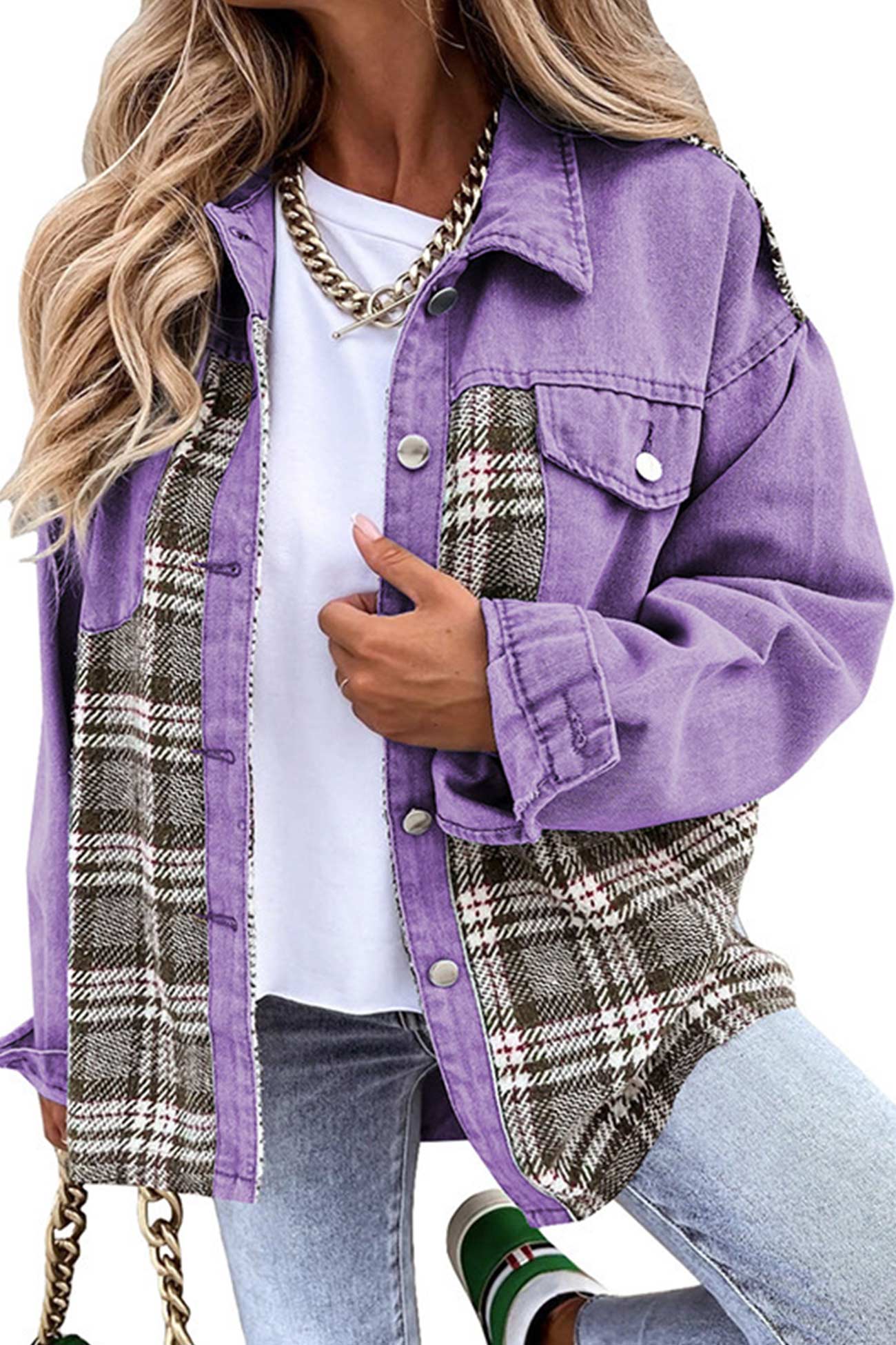 Ilona | Checked patchwork denim jacket - Image 20