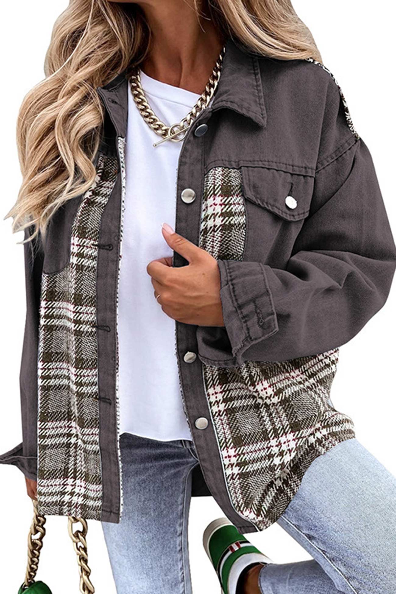 Ilona | Checked patchwork denim jacket - Image 21