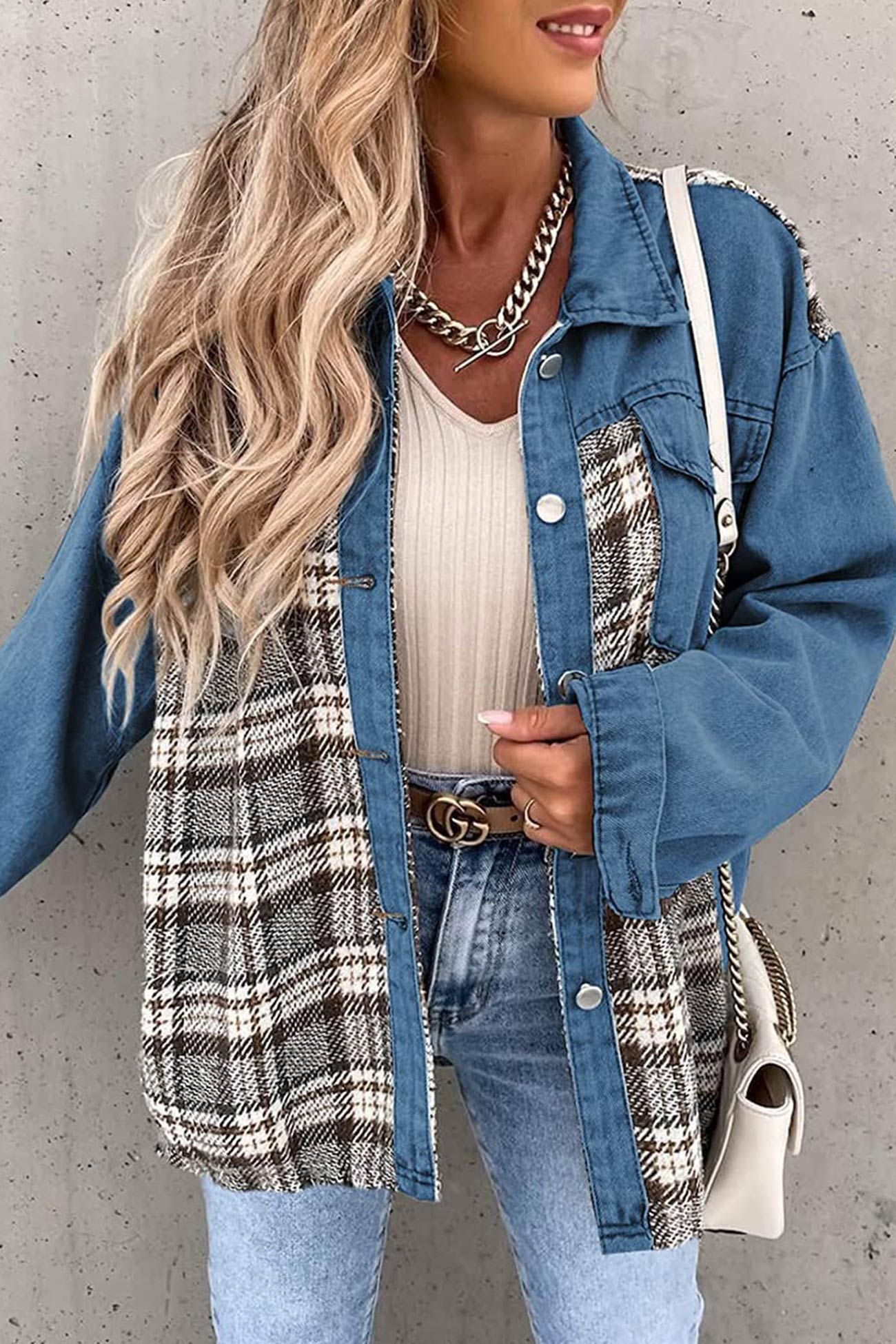 Ilona | Checked patchwork denim jacket - Image 7