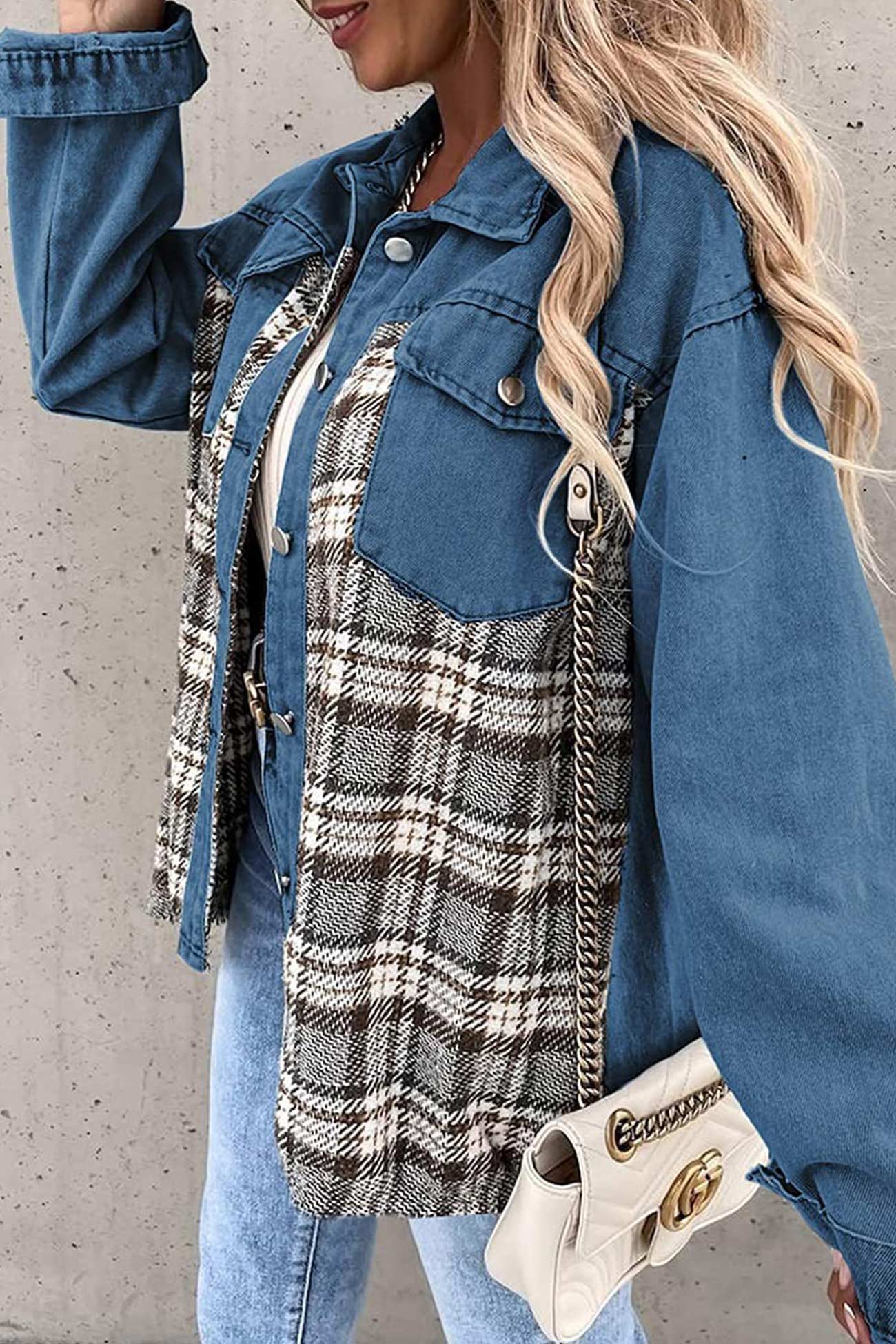 Ilona | Checked patchwork denim jacket - Image 8