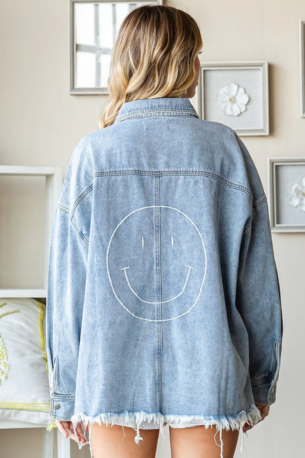 Ilona | First Love Smile Face denim jacket with raw hem and button placket - Image 2
