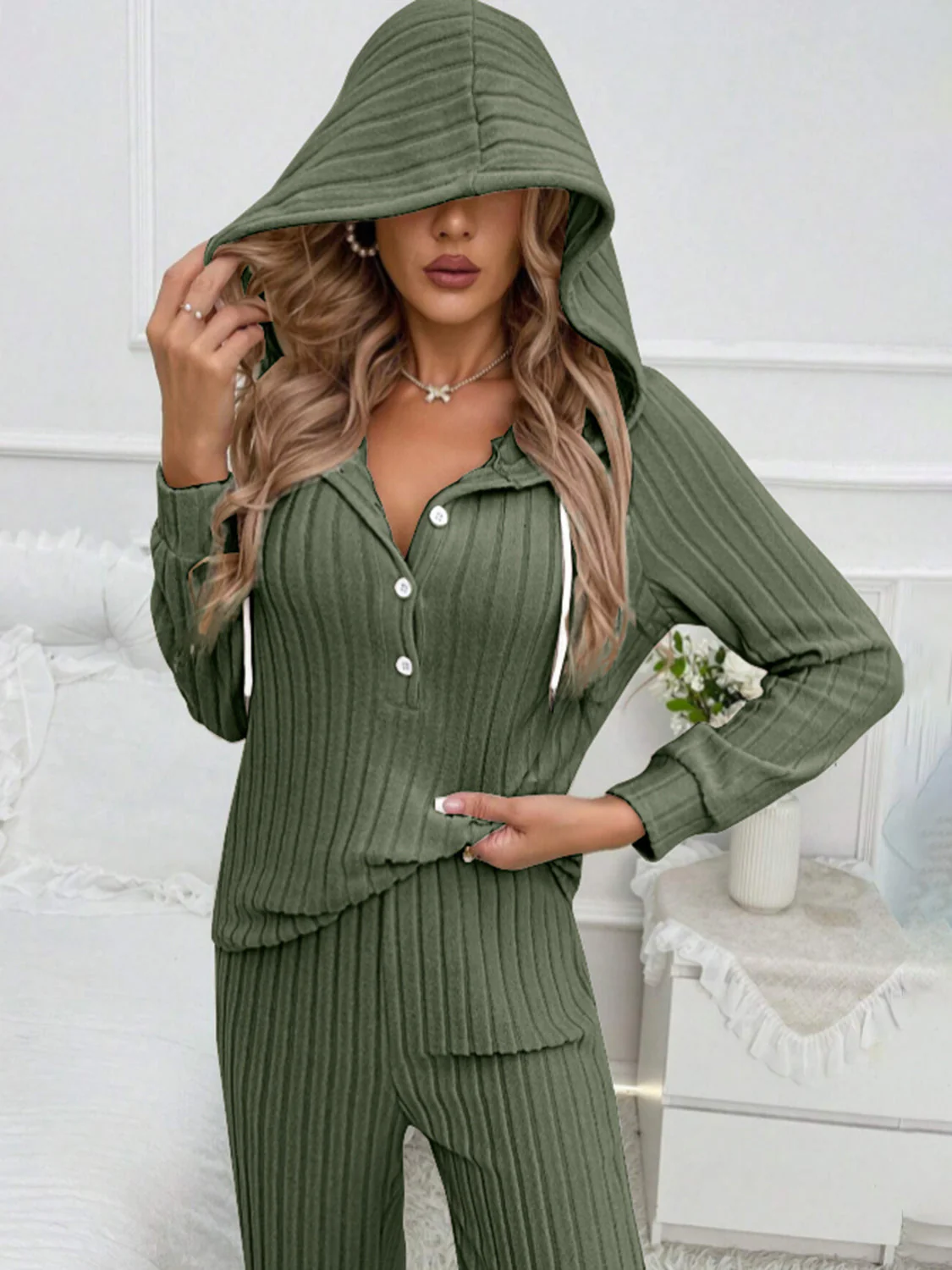 Ilona | Hooded top and ribbed drawstring half button pants set - Image 5