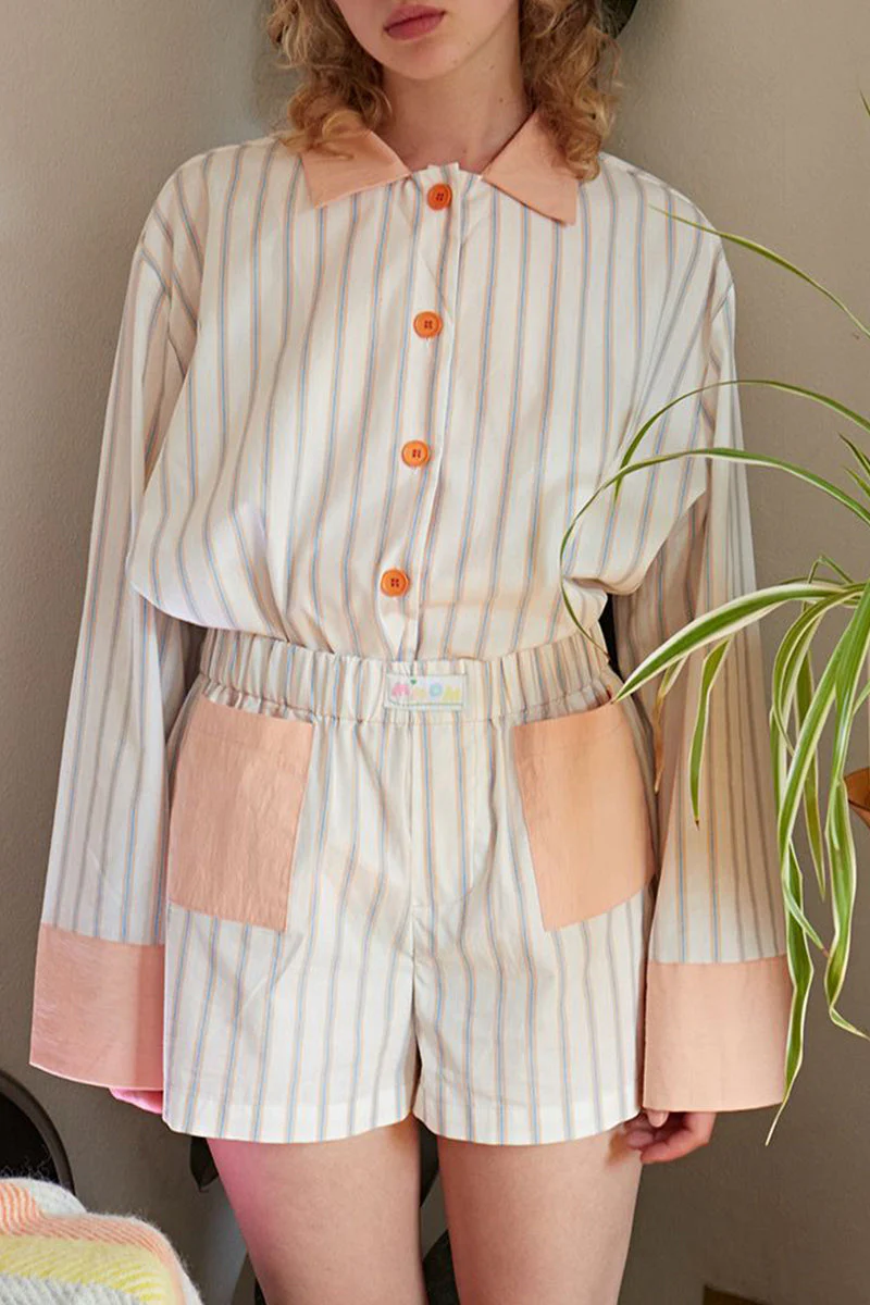 Ilse | Casual daily stripe patchwork contrast turn-down collar long sleeve two piece suit - Image 2