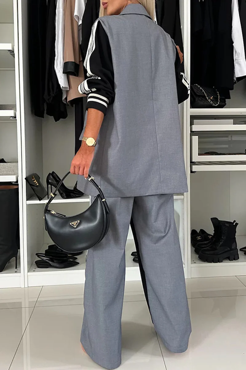 Ines | Casual stripe buckle patchwork contrast turn-down collar long sleeve two piece - Image 3