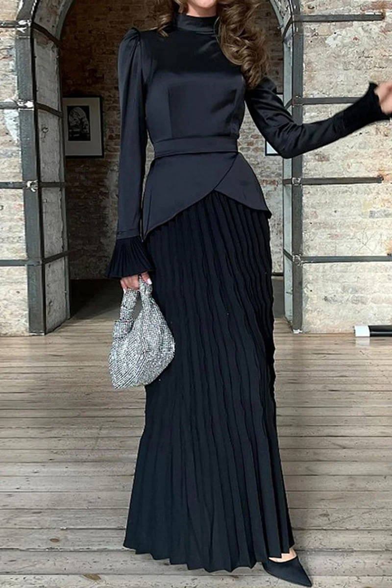 Inés | Elegant solid color pleated half turtleneck dresses from celebrities