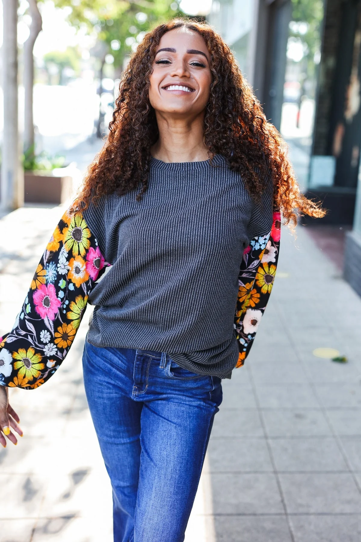 Inga | Diva Dreams Black Floral Ribbed Top with Bubble Sleeves in Mineral Wash - Image 10