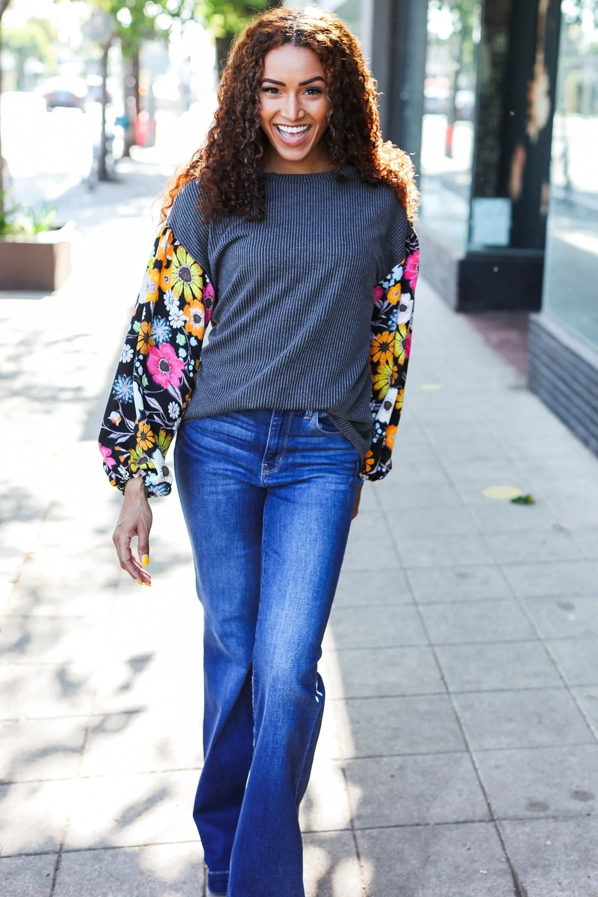 Inga | Diva Dreams Black Floral Ribbed Top with Bubble Sleeves in Mineral Wash - Image 14