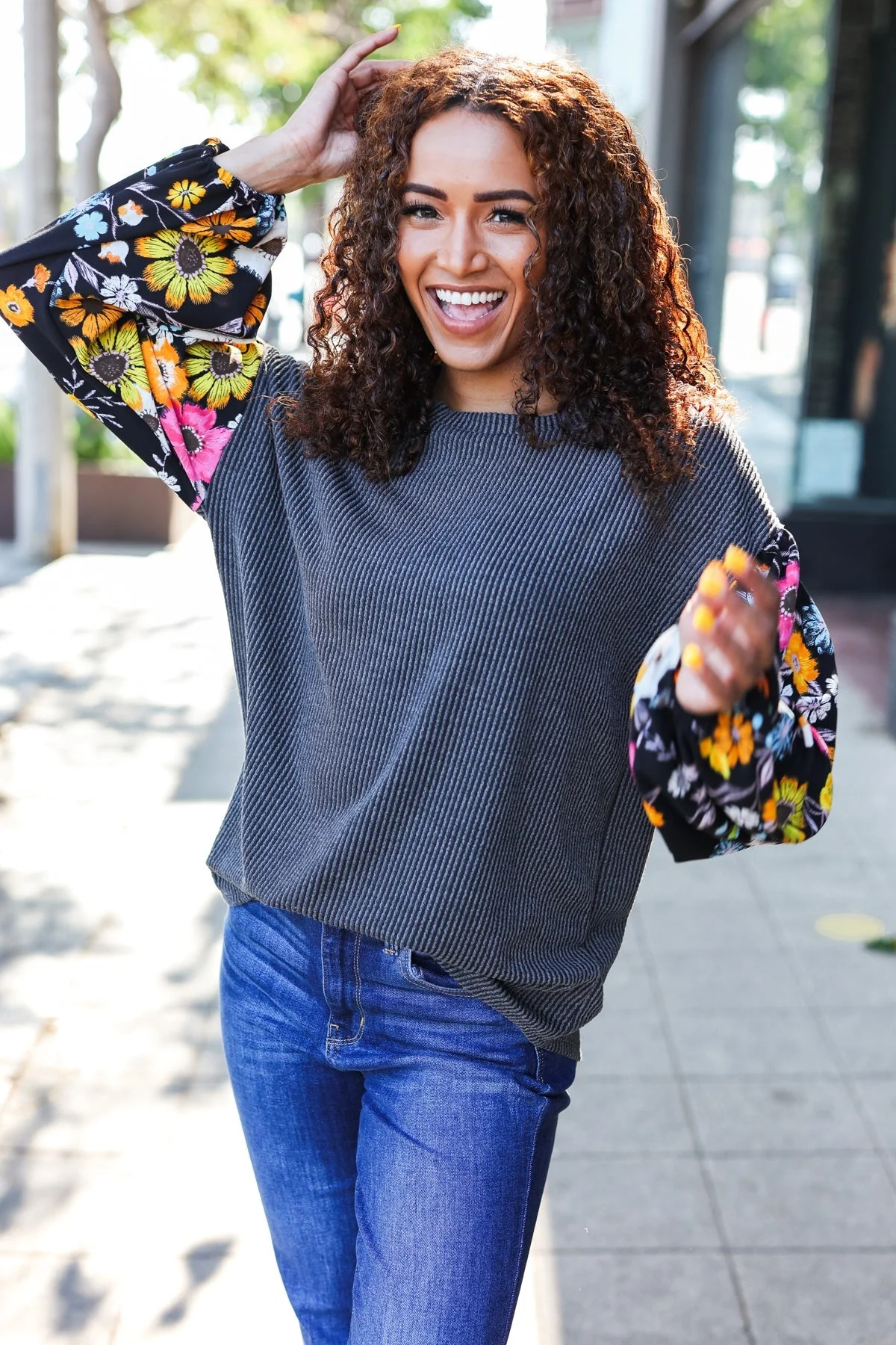 Inga | Diva Dreams Black Floral Ribbed Top with Bubble Sleeves in Mineral Wash - Image 16