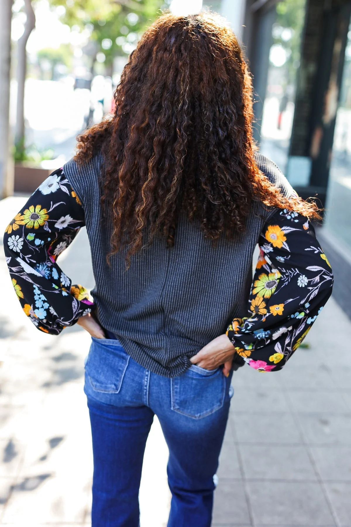 Inga | Diva Dreams Black Floral Ribbed Top with Bubble Sleeves in Mineral Wash - Image 3