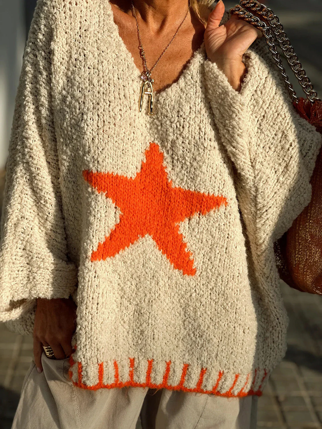 Ingrid | Long-sleeved oversized sweater with a star V-neck - Image 5