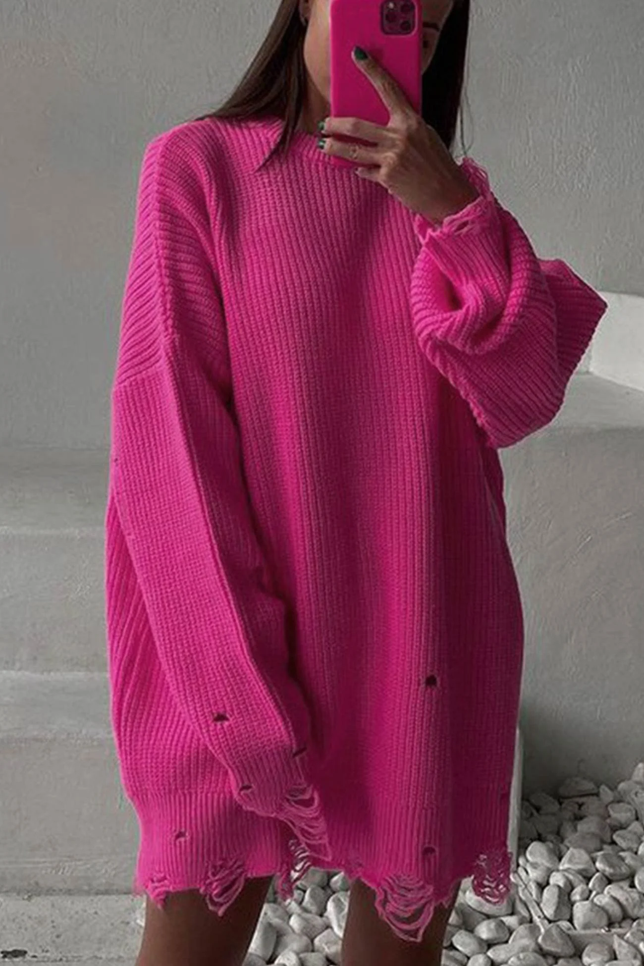 Ingrid | Solid color distressed crew neck sweater