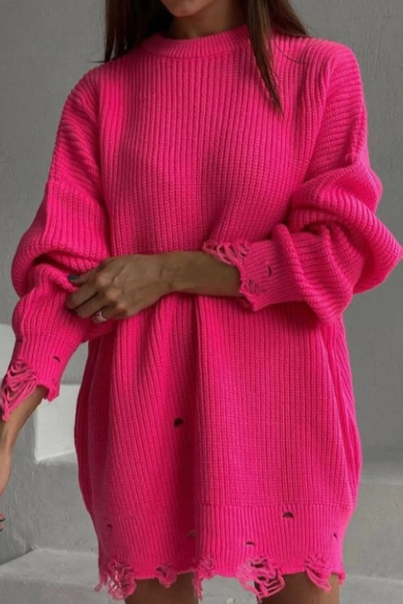 Ingrid | Solid color distressed crew neck sweater - Image 2