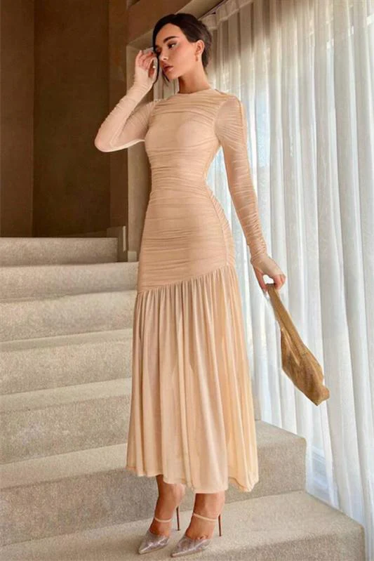 Irene® | Long-Sleeved Pleated Mesh Maxi Dress