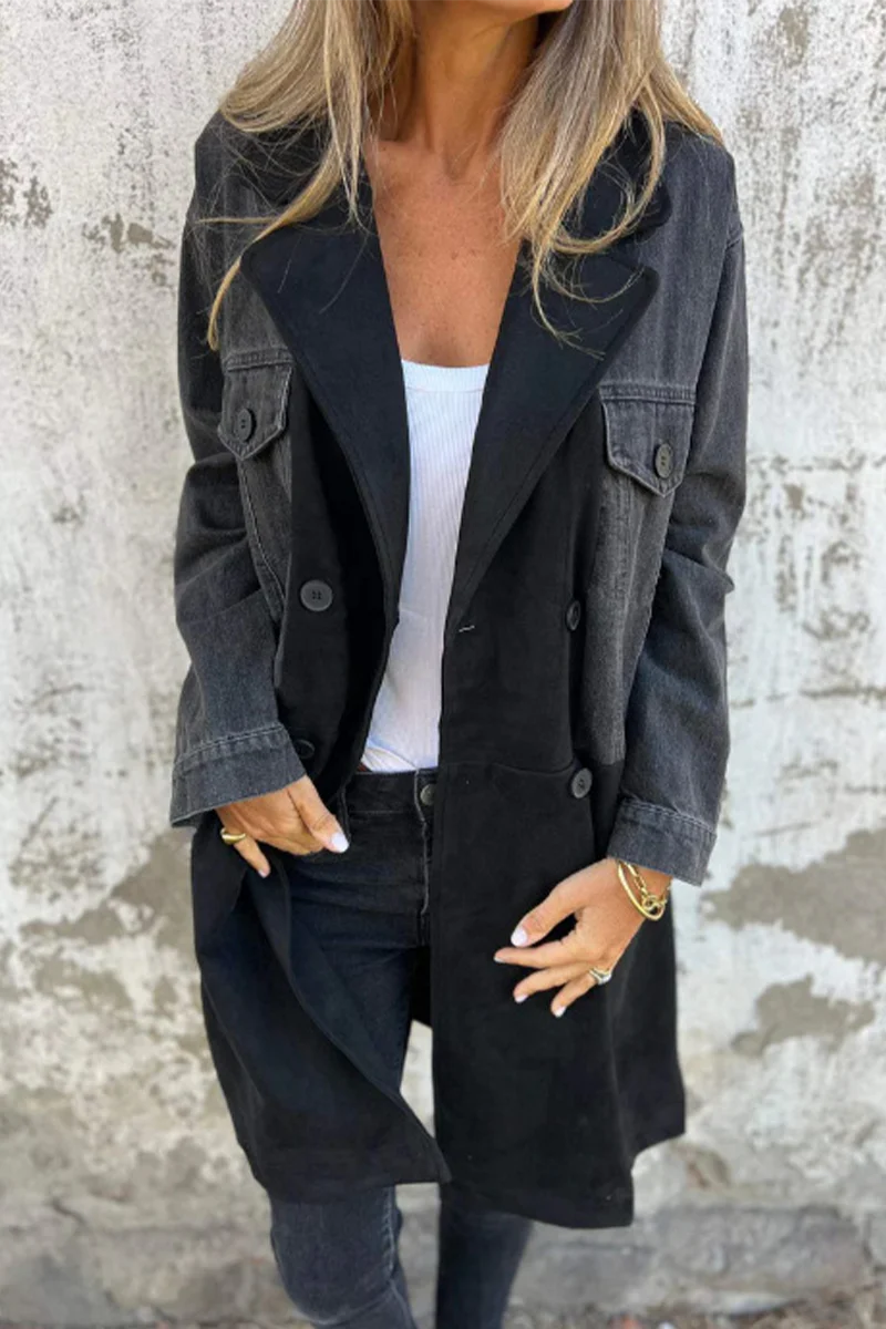Irina | Casual street buttons, patchwork contrast turn-down collar, long sleeves, loose denim jacket - Image 2