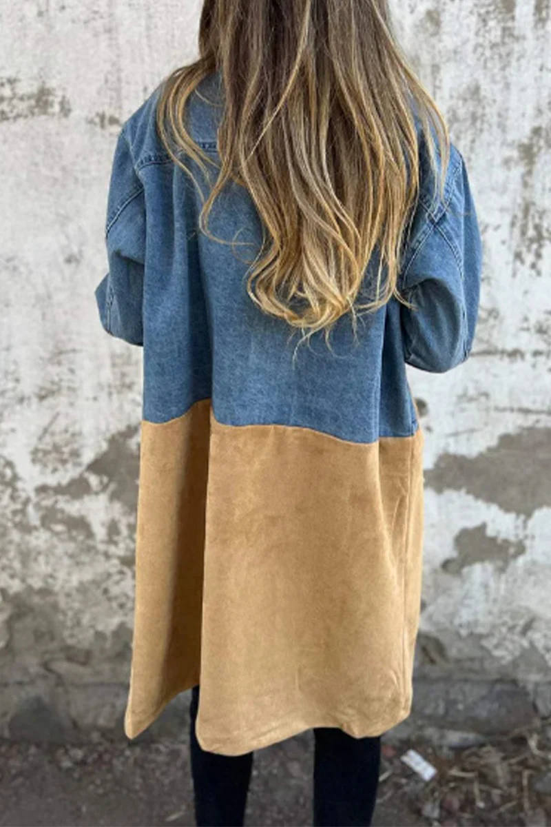 Irina | Casual street buttons, patchwork contrast turn-down collar, long sleeves, loose denim jacket - Image 4