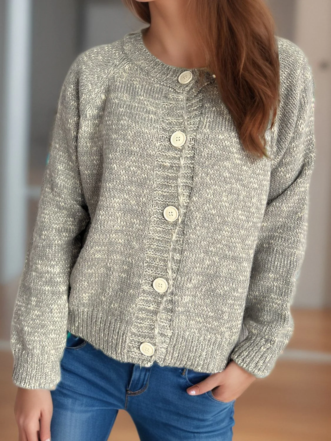 Irina | Mottled long-sleeved cardigan with button placket - Image 11