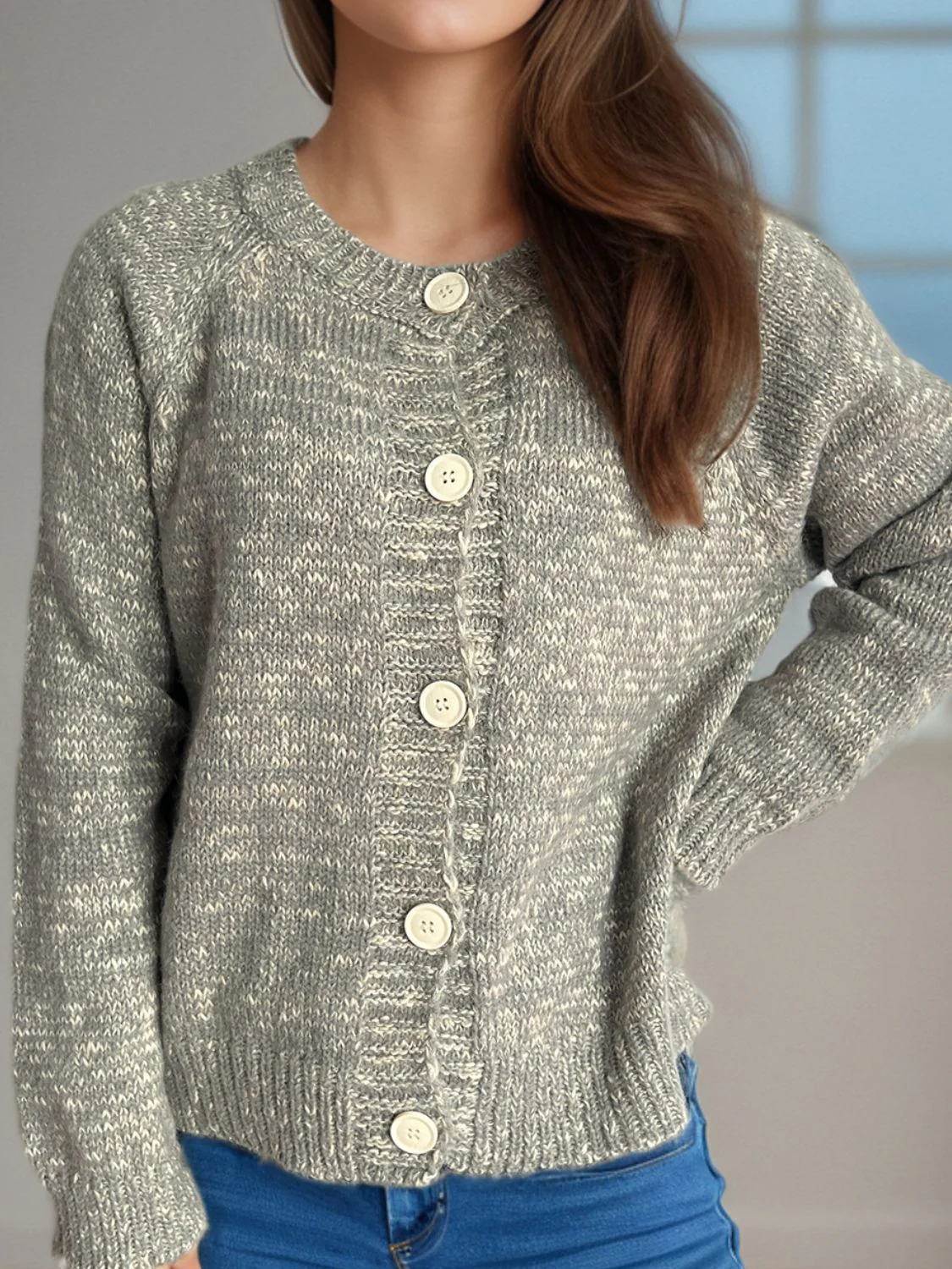 Irina | Mottled long-sleeved cardigan with button placket - Image 13
