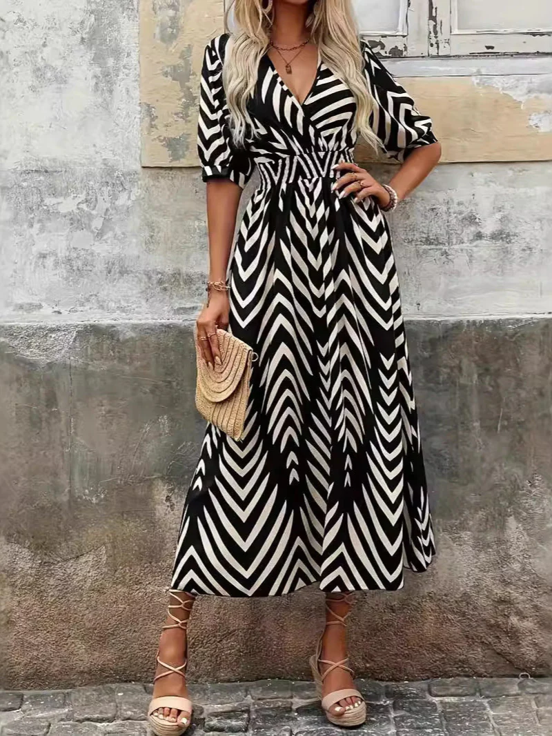 Isabella® | Elegant V-Neck Dress With Geometric Print - Image 2