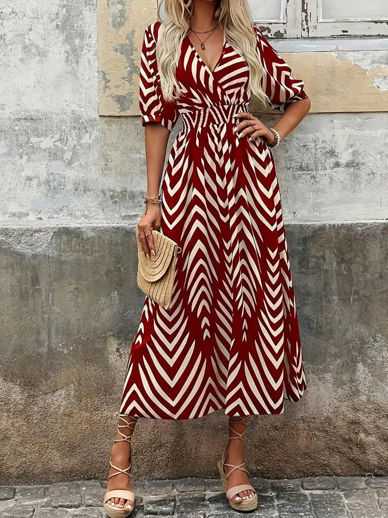 Isabella® | Elegant V-Neck Dress With Geometric Print - Image 3