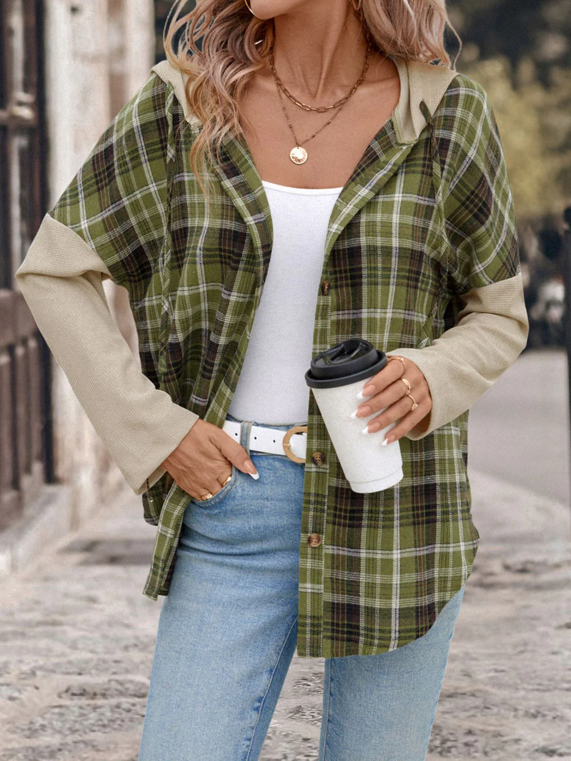 Isadora | Perfee drawstring check long sleeve hooded shirt - Image 5