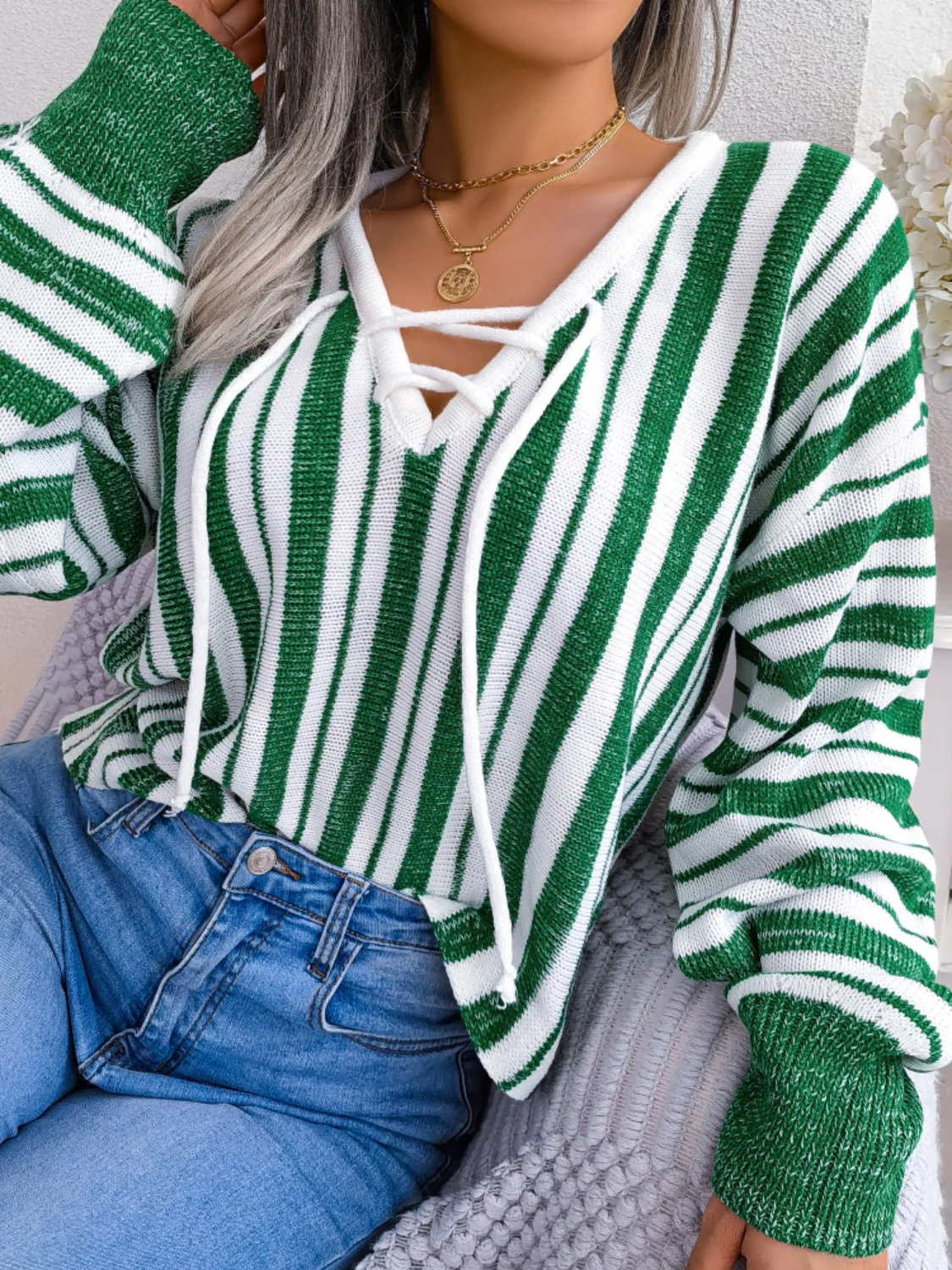 Isadora | Striped long-sleeved sweater with lacing - Image 10
