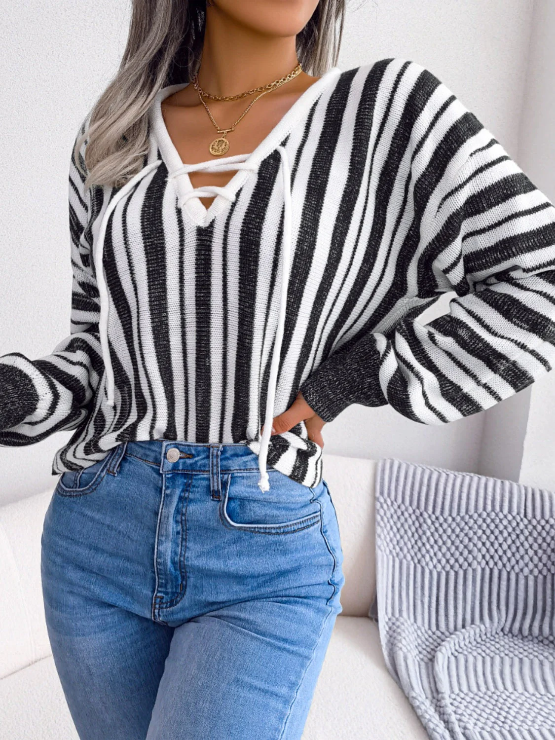 Isadora | Striped long-sleeved sweater with lacing - Image 13