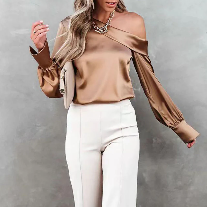 Ivana® | Beige One-Shoulder Satin Blouse - Image 2